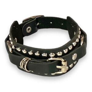 Black Leather Silver Rivets Studded Multi Buckles Cuff Bracelet NEW